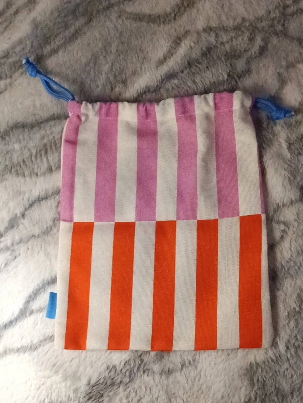 ipsy Pink, Orange & White Striped Drawstring Pouch with Blue Cord